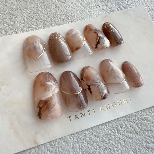 大理石フレンチ ブラウン ネイルチップ 茶色系 マーブル柄 カフェラテ  