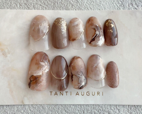 大理石フレンチ ブラウン ネイルチップ 茶色系 マーブル柄 カフェラテ