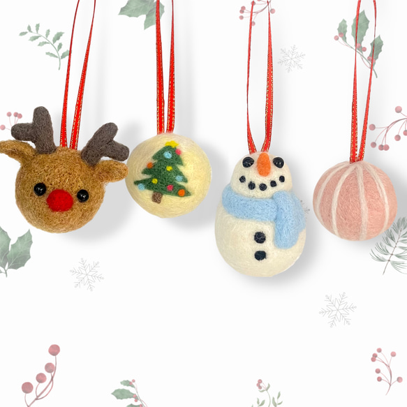 トナカイと雪だるま】羊毛フェルトのクリスマスオーナメント fs-12