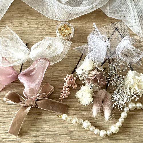 送料無料》♡リボンとパールの髪飾り♡くすみピンク×白 髪飾り卒業式 