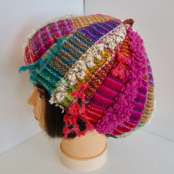 さをり織り　★手織りのベレー帽★  どんぐり帽　さおり織り　ピンク　カラフル　一点物　ユニーク　個性的　 4枚目の画像
