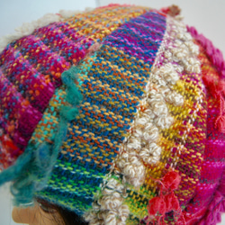 さをり織り　★手織りのベレー帽★  どんぐり帽　さおり織り　ピンク　カラフル　一点物　ユニーク　個性的　 8枚目の画像