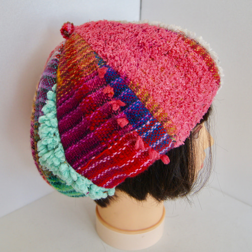 さをり織り ☆手織りのベレー帽☆ どんぐり帽 さおり織り ピンク