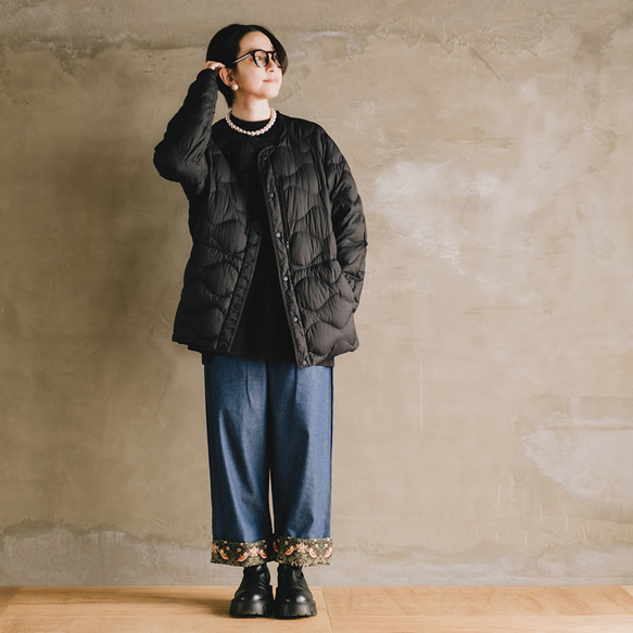 ロールアップ専用パンツ！ウィリアムモリス ゆったり履ける デニム パンツ いちご泥棒 ブラック 3枚目の画像