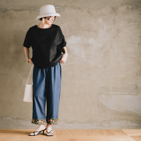 ロールアップ専用パンツ！ウィリアムモリス ゆったり履ける デニム パンツ いちご泥棒 ブラック 12枚目の画像