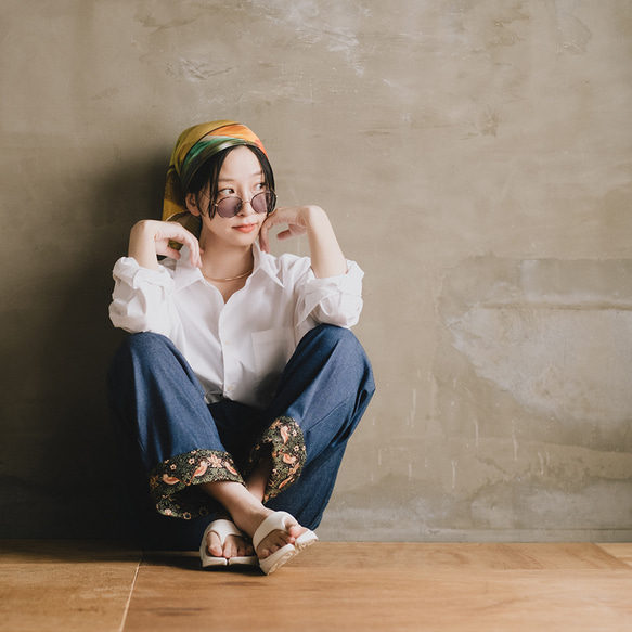 ロールアップ専用パンツ！ウィリアムモリス ゆったり履ける デニム パンツ いちご泥棒 ブラック 8枚目の画像