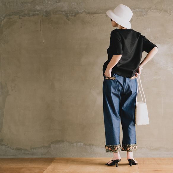 ロールアップ専用パンツ！ウィリアムモリス ゆったり履ける デニム パンツ いちご泥棒 ブラック 13枚目の画像