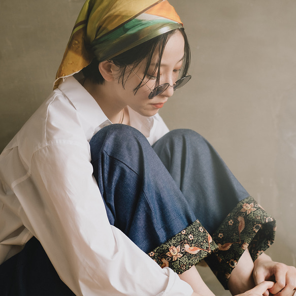 ロールアップ専用パンツ！ウィリアムモリス ゆったり履ける デニム パンツ いちご泥棒 ブラック 9枚目の画像