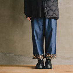 ロールアップ専用パンツ！ウィリアムモリス ゆったり履ける デニム パンツ いちご泥棒 ブラック 5枚目の画像