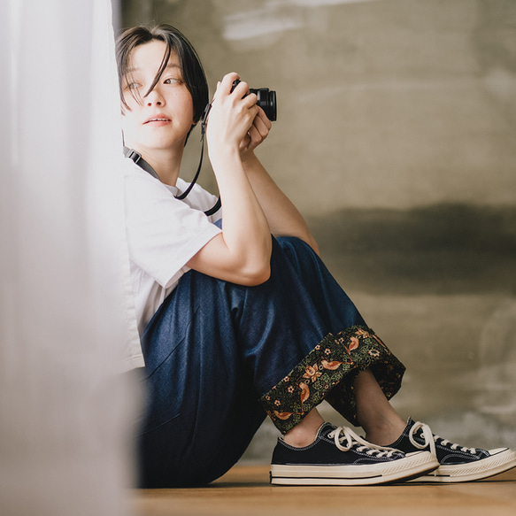 ロールアップ専用パンツ！ウィリアムモリス ゆったり履ける デニム パンツ いちご泥棒 ブラック 16枚目の画像