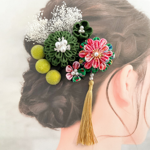 つまみ細工髪飾り 成人式 結婚式 ピンク 緑 かすみ草 10点セット 和装