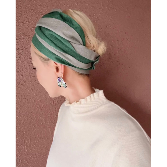 RATA❤️亞麻裹頭巾❤️有吸引力，粗糙，高品質的材料❤️柔和的綠色x灰色❤️可以自由包裹的蓬鬆材料 第1張的照片