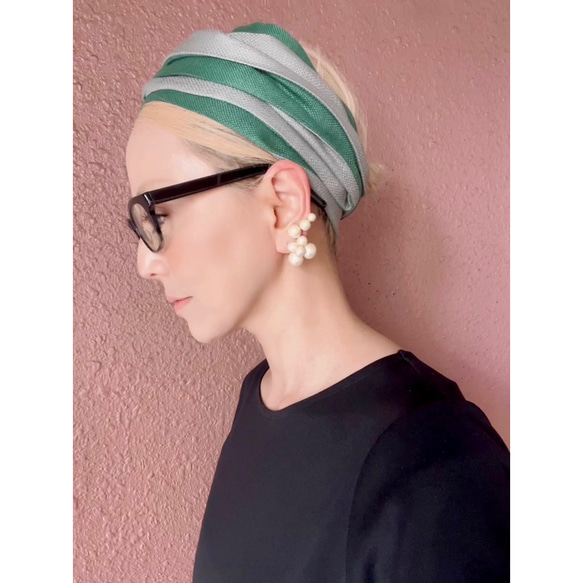 RATA❤️亞麻裹頭巾❤️有吸引力，粗糙，高品質的材料❤️柔和的綠色x灰色❤️可以自由包裹的蓬鬆材料 第5張的照片