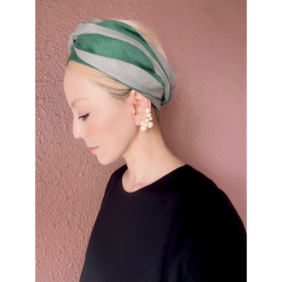 RATA❤️亞麻纏繞頭巾❤️誘人的優質材質❤️澀綠x灰色❤️可自由包裹的豐盈材質 第4張的照片
