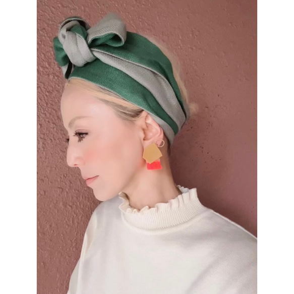 RATA❤️亞麻裹頭巾❤️有吸引力，粗糙，高品質的材料❤️柔和的綠色x灰色❤️可以自由包裹的蓬鬆材料 第3張的照片