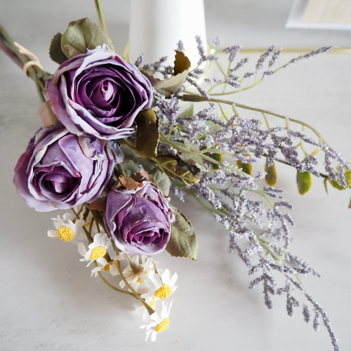 ドライフラワーの様なアンティークパープルローズ】set花瓶付き