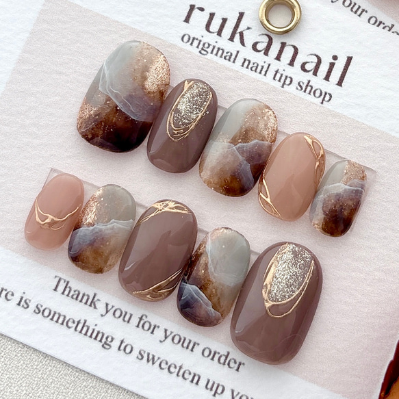 ニュアンス×大理石 ネイルチップ くすみグリーン ブラウン 春 夏 秋 冬