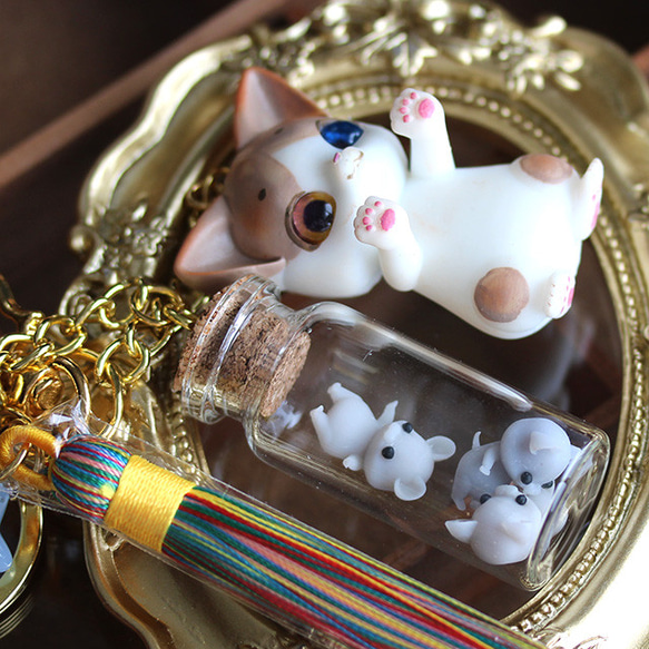 薄茶ハチワレ猫とネズミ瓶詰キーホルダー(薄茶ﾊﾁﾜﾚ) 3枚目の画像