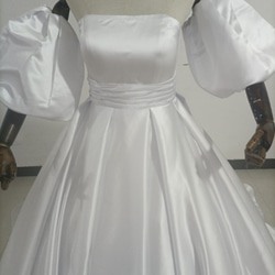 人気上昇！ウエディングドレス ホワイト パールアイボリー ベアトップ バックリボン、取り外し袖/結婚式/披露宴 4枚目の画像