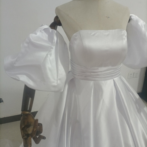 人気上昇！ウエディングドレス ホワイト パールアイボリー ベアトップ バックリボン、取り外し袖/結婚式/披露宴 5枚目の画像