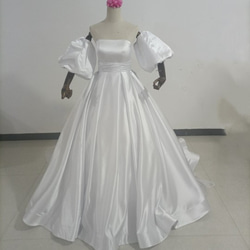 人気上昇！ウエディングドレス ホワイト パールアイボリー ベアトップ バックリボン、取り外し袖/結婚式/披露宴 1枚目の画像
