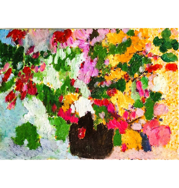 油彩画 花瓶と花 金色フレーム