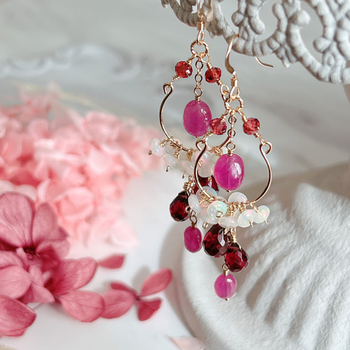 14kgf ガーネット ピンクアメジスト パール ルビー ピアス イヤリング