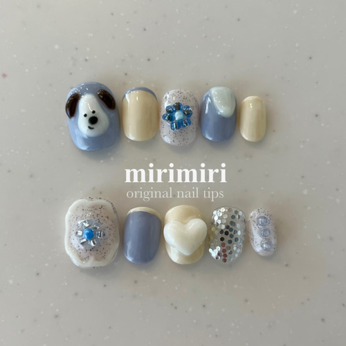 162 〗ネイルチップ 韓国ネイル ガーリー くすみブルー 犬 ちぐはぐ  