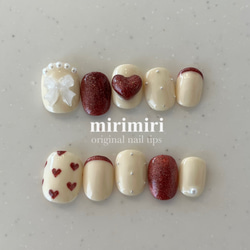52))フレンチガーリー ネイルチップ ハート ちぐはぐ ボルドー バレンタイン ハートフレンチ♥️🤍⁎⁺˳✧༚ #ハートネイル #メタリックネイル