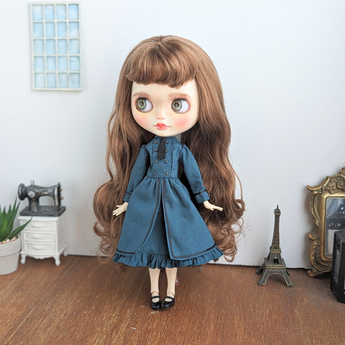 リカちゃん ブライス アウトフィット ～ハリネズミワンピース／グレー～ 1049※ブライスアウトフィット※アイアンブルーの軍服風ワンピース