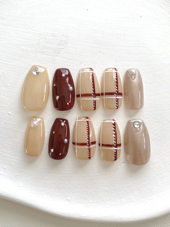 ネイルチップ オーダー バレンタイン チェック フラッシュ フレンチ ボルドー チェックネイル ボルドーネイル 赤ネイル バレンタインネイル