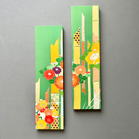 着物のファブリックパネル　鮮やかな緑の竹林と花々（2枚セット）着物リメイク　インテリア　古民家　ひなまつり　壁飾り　日本 2枚目の画像