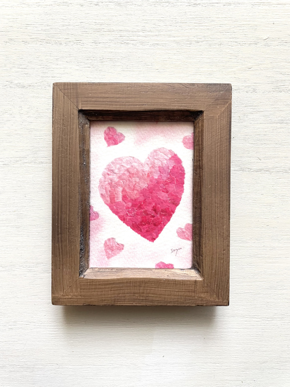 透明水彩画　ミニ額「ピンクハート」ちぎり絵　イラスト　プチギフト  バレンタインギフト　ウェディングギフト　プレゼント 3枚目の画像
