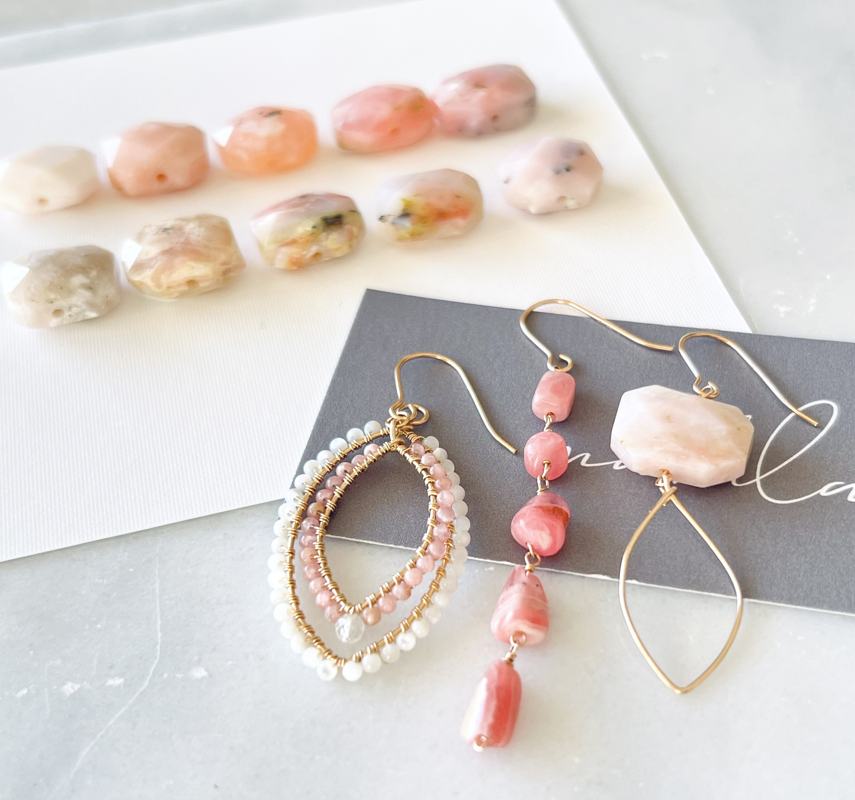 【特集掲載】ストーンが選べる！3WAYアシンメトリーピアス/イヤリング【受注製作】【ピンクオパール＆インカローズ】春 桜
