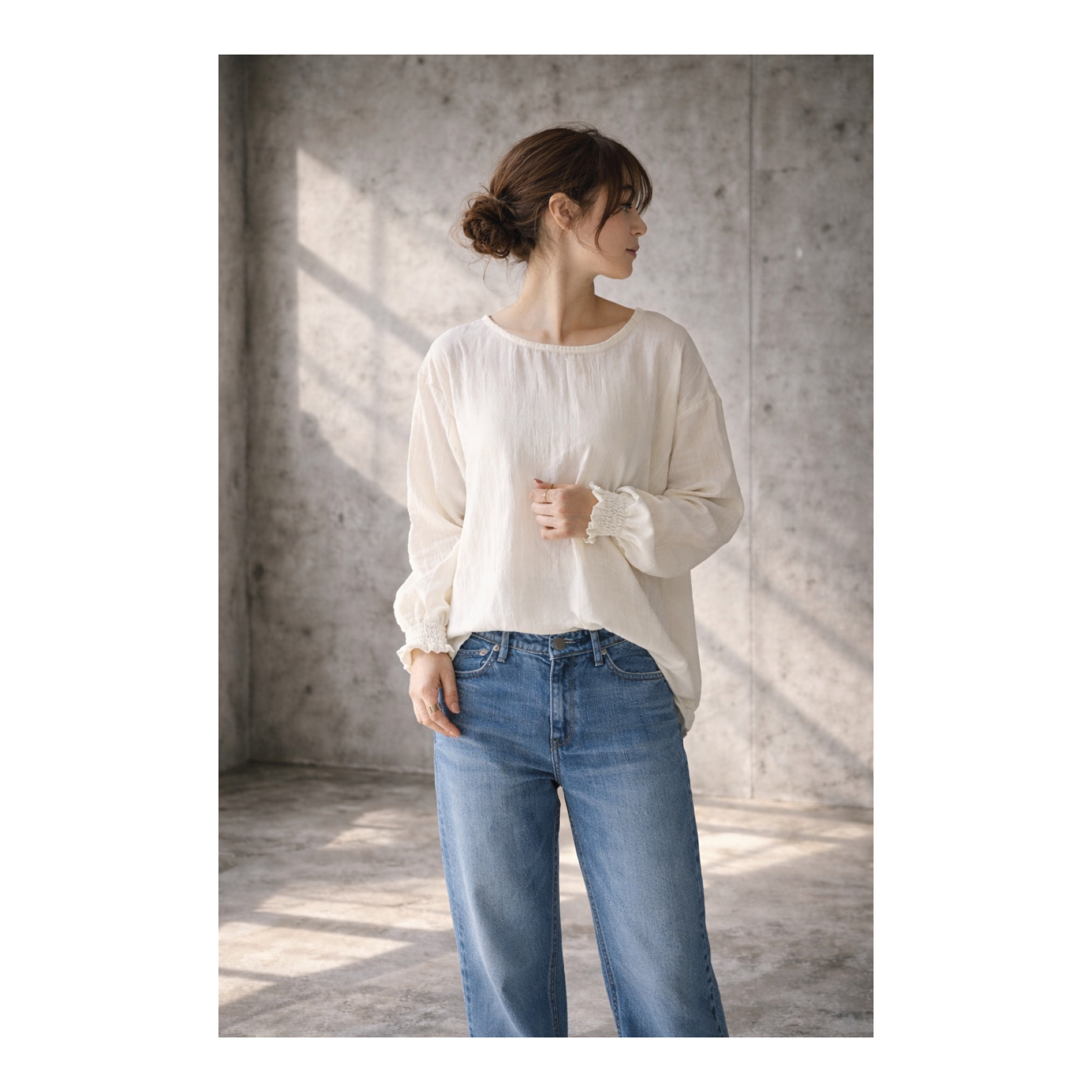 ふわふわ厚みが2倍！厚手ダブルガーゼブラウス／シャーリング袖のシンプルなブラウス／ふっくらダブルガーゼ／生成り