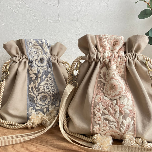 インド刺繍リボン＊巾着ショルダーバッグ ショルダーバッグ