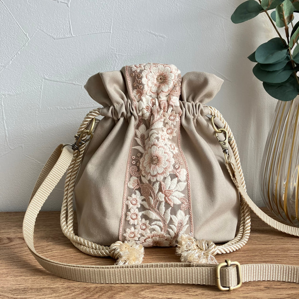インド刺繍リボン＊巾着ショルダーバッグ ショルダーバッグ 肩掛け