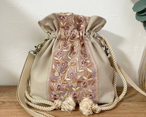 インド刺繍リボン＊巾着バッグ ショルダーバッグ 肩掛け
