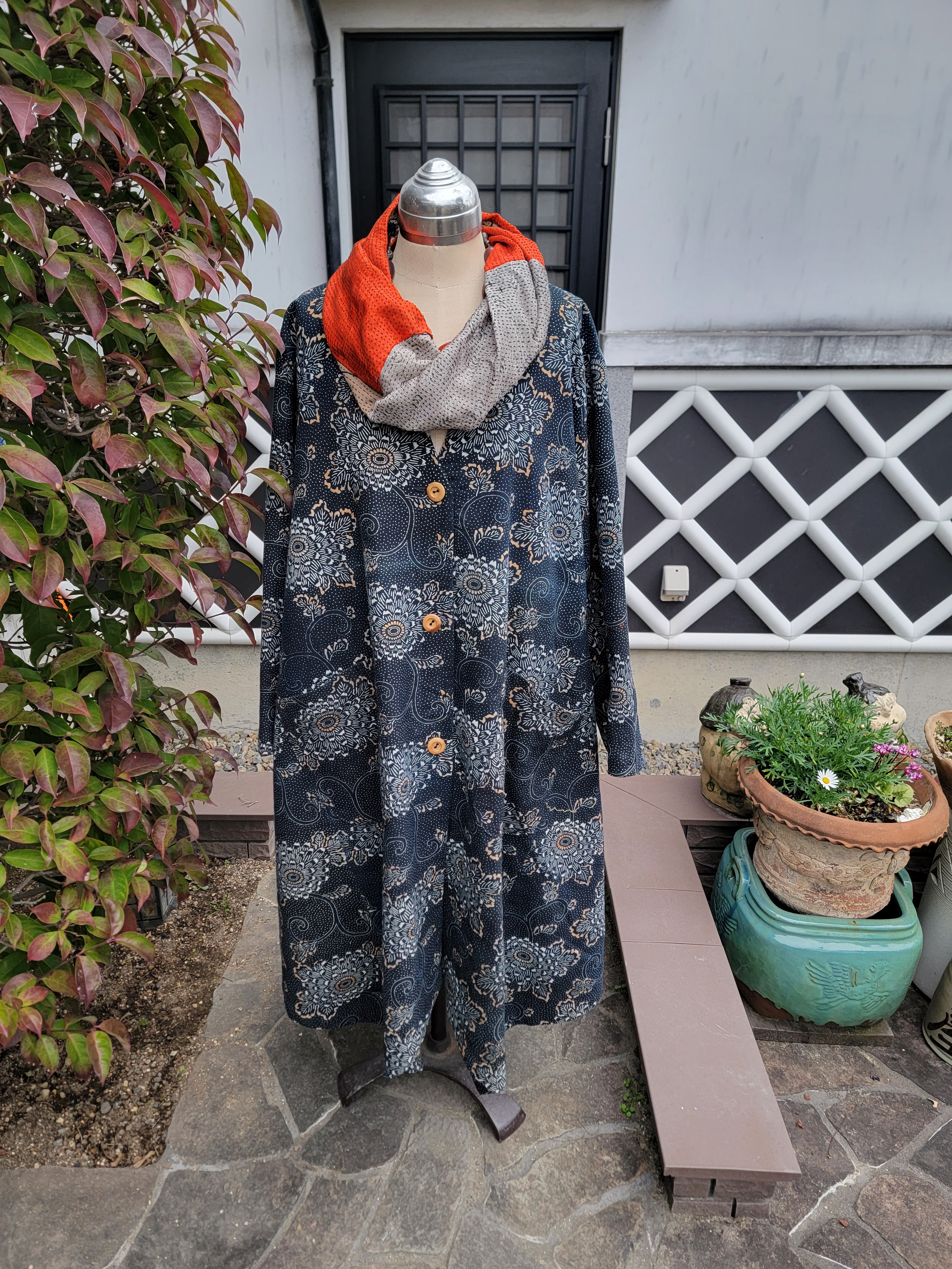 着物リメイク　手作り　型染め　裏地付き　コート