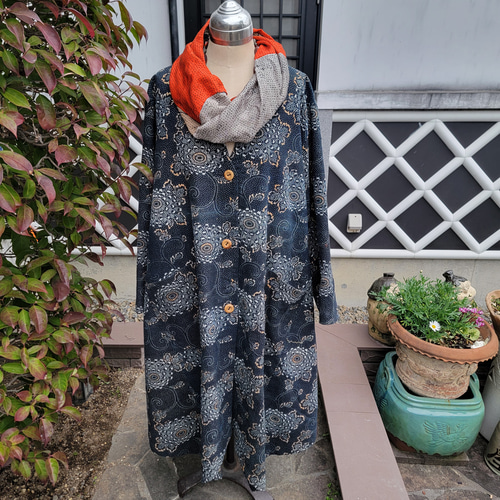 着物リメイク 手作り 型染め 裏地付き コート ワンピース hanahukujun 