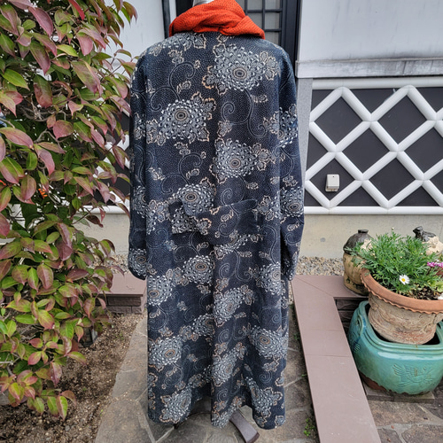 着物リメイク 手作り 型染め 裏地付き コート ワンピース