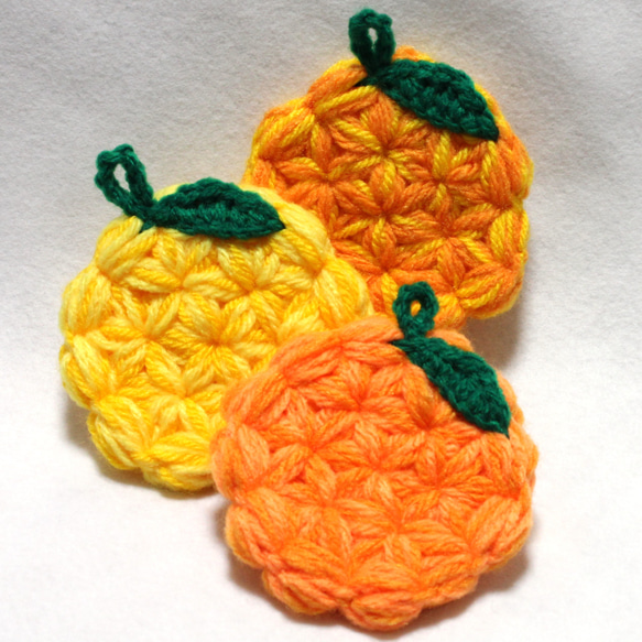ころんとしたまるごと柑橘のエコたわし&コースター　3枚セット（ゆず・みかん・オレンジ）　送料無料 1枚目の画像