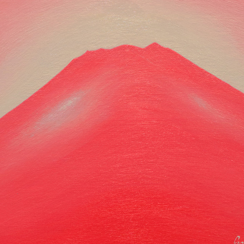 優しいピンクの桜色に染まる紅富士(梨ヶ原)▲がんどうあつし絵画油絵ホワイト額縁付 優しいピンクの桜色に染まる紅富士(梨ヶ原)△がんどうあつし絵画