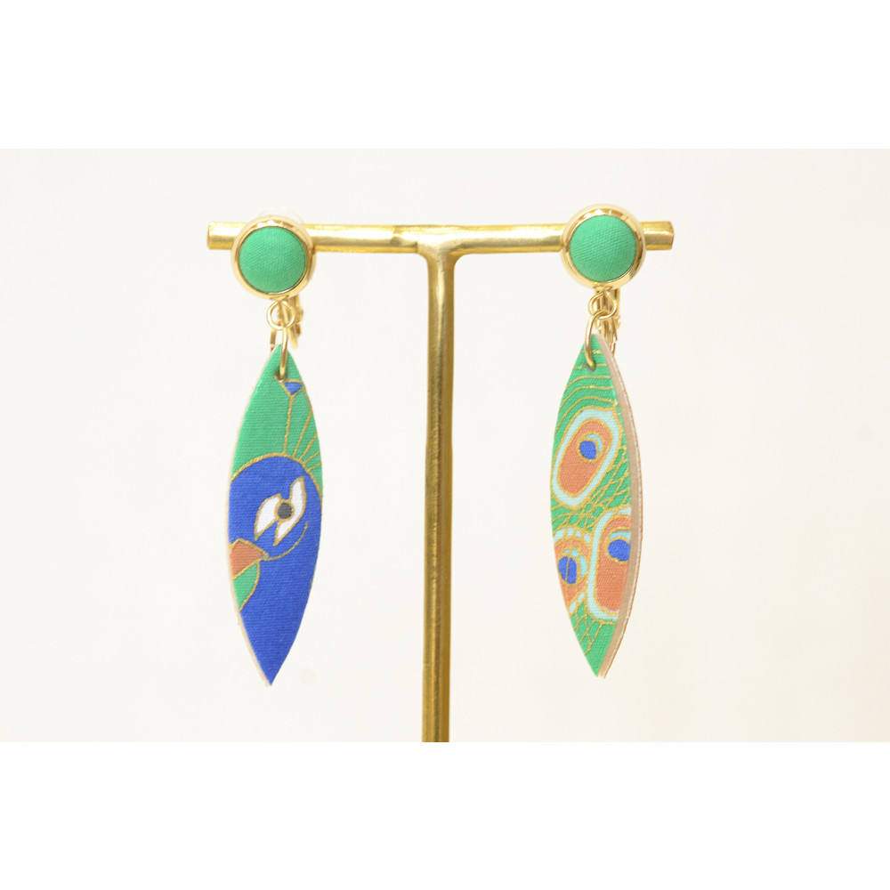 コラボ作品　着物を染める技術　手描友禅染で描いたイヤリング　孔雀