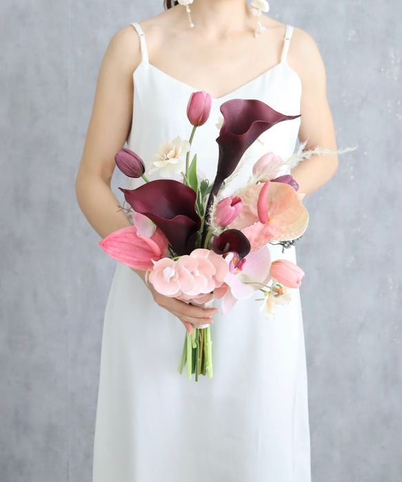 カラーとチューリップのボルドーピンクブーケ＆ブートニア 造花ブーケ