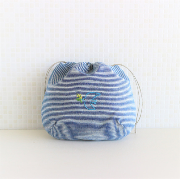 2WAY 巾着＊手刺繍【青い鳥とミモザ＊Stripe】 4枚目の画像