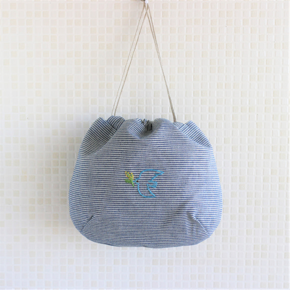 2WAY 巾着＊手刺繍【青い鳥とミモザ＊Stripe】 6枚目の画像