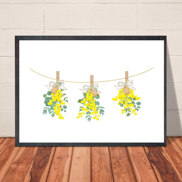 送料無料】A3・A4ポスター【ミモザのスワッグ3本(横】イラスト 植物