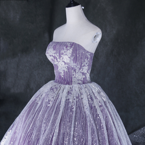 送料無料！カラードレス パープル キラキラチュール 編み上げ ベア