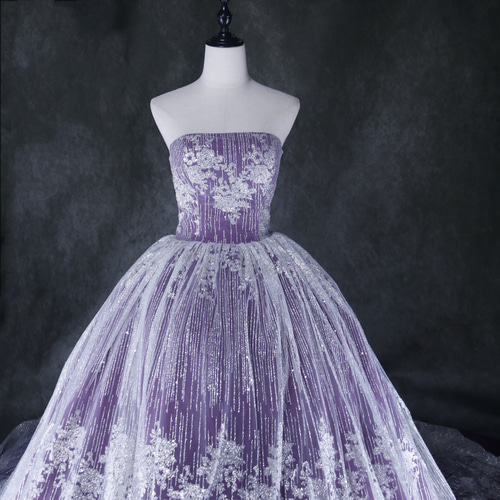 送料無料！カラードレス パープル キラキラチュール 編み上げ ベア